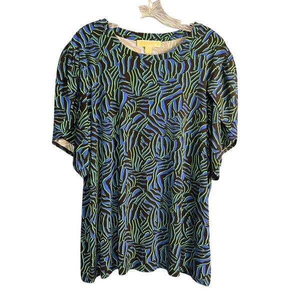 Michael Kors Womens 2X Top Black Blue & Green Abstract Print Short Sleeve - Picture 1 of 9